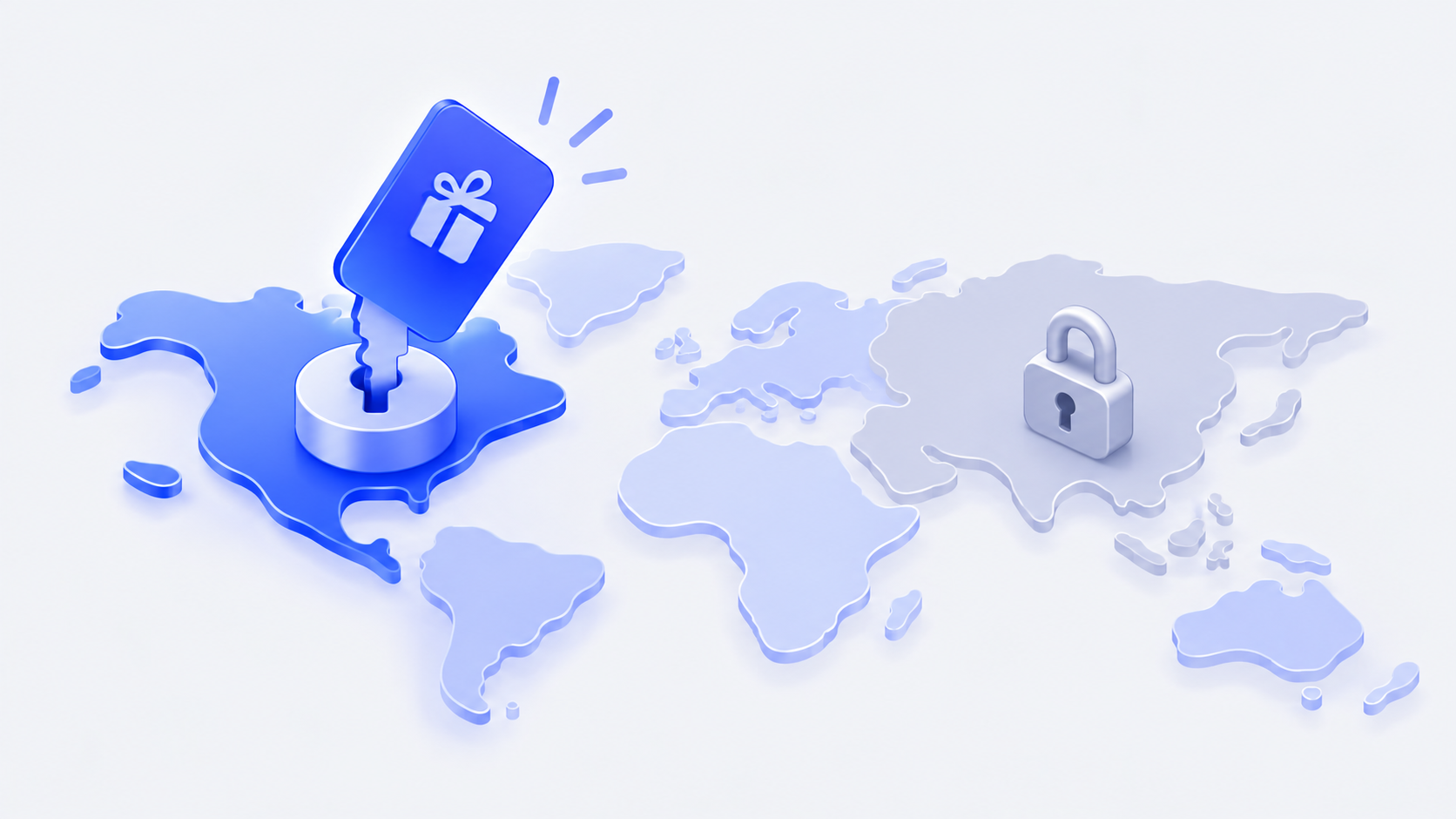 Illustration of a gift card shaped like a key fitting one lock on a map region while a second lock stays closed