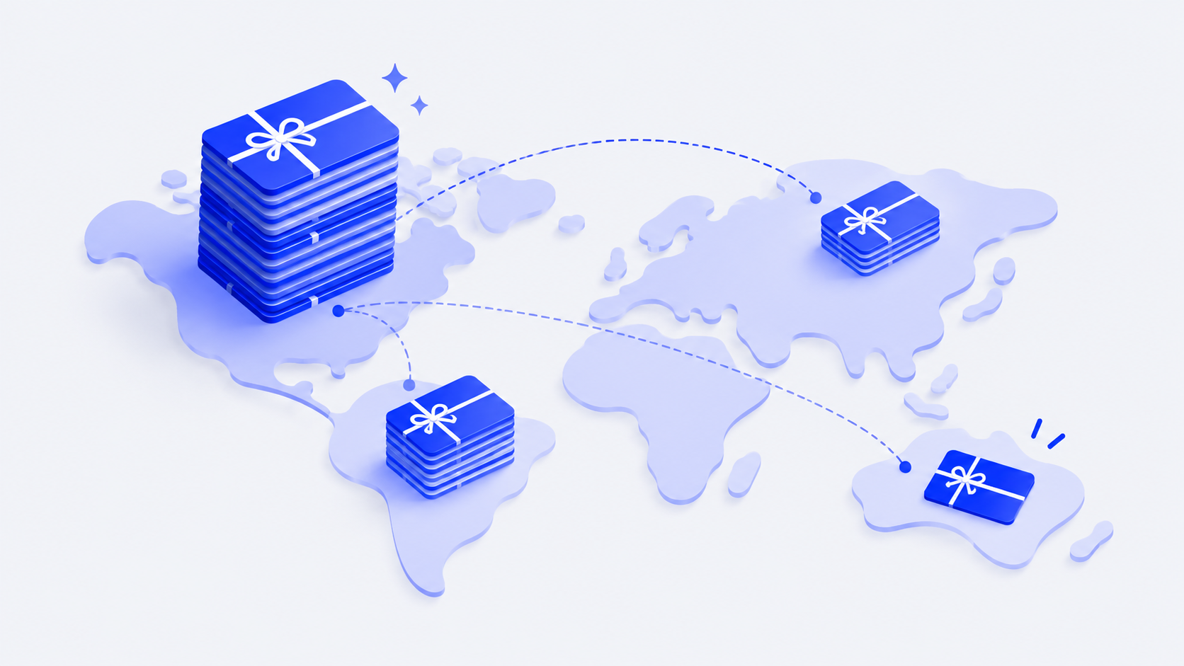 Illustration of a simple world map with tall stacks of gift cards on a few countries and a single card on others