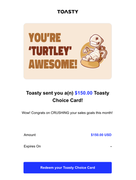 custom gift card made through Toasty