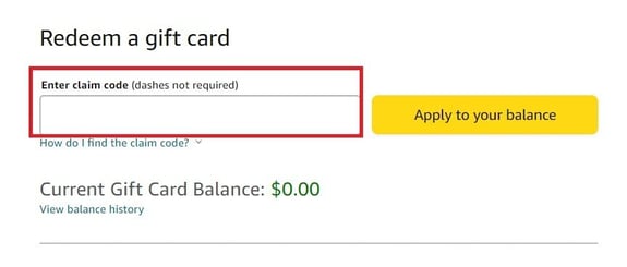 Amazon official website redeem a gift card page