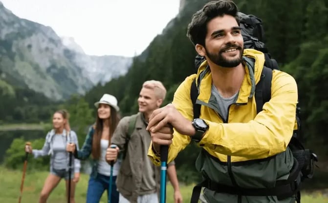 Friends hiking on mountain