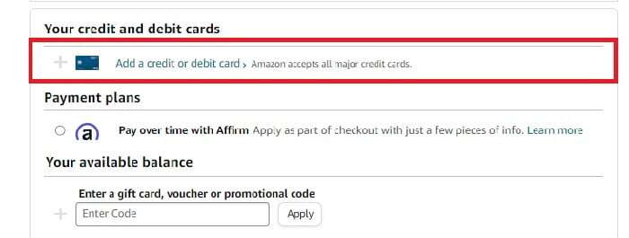 How to use a Visa gift card on Amazon: choose the  the credit/debit card option