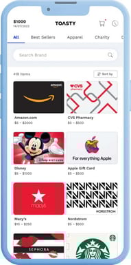 Toasty Choice Card gift card redemption page on a mobile device