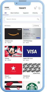 Toasty Choice Card gift card redemption page on a mobile device. options include: international visa gift card