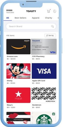 Toasty Choice Card gift card redemption page on a mobile device. options include: international visa gift card