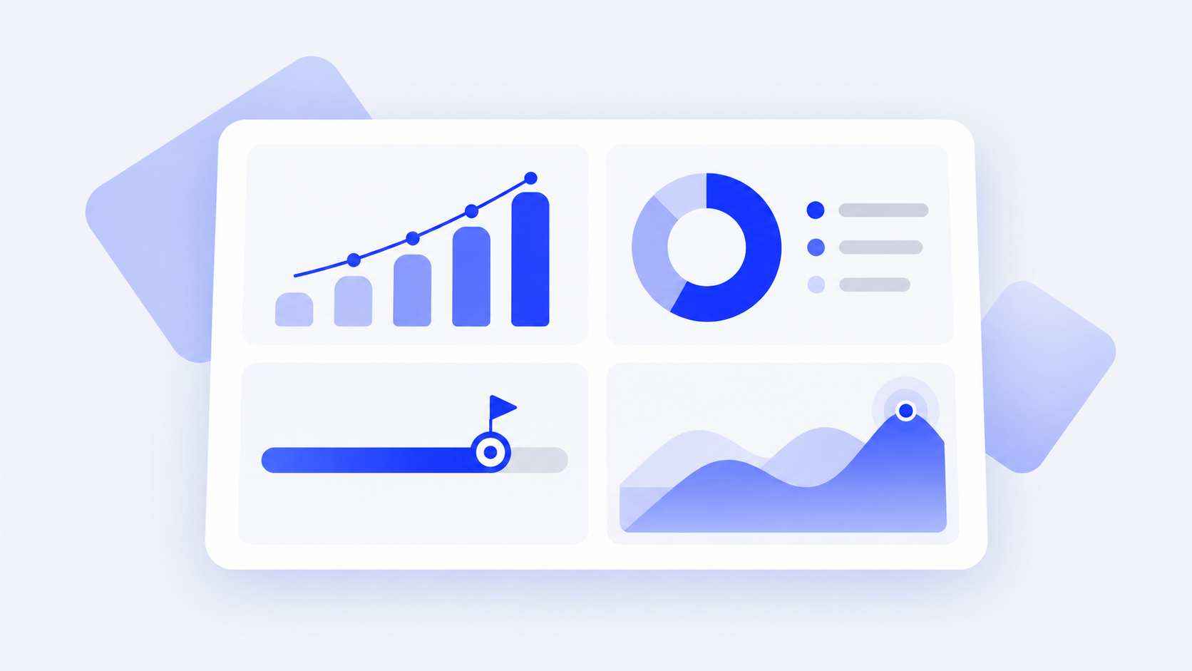 A report sheet divided into four panels: a bar chart, a donut chart, a progress bar with a target flag, and an area chart