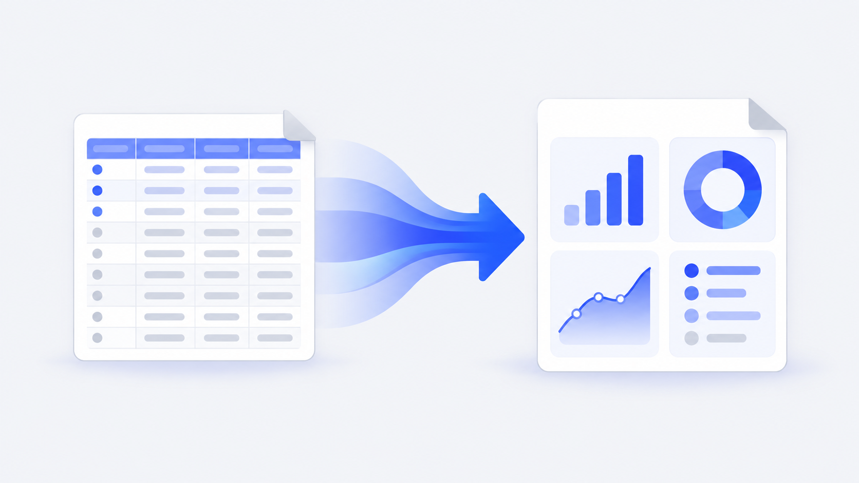 A spreadsheet of order data flowing through an arrow into a one-page report with charts