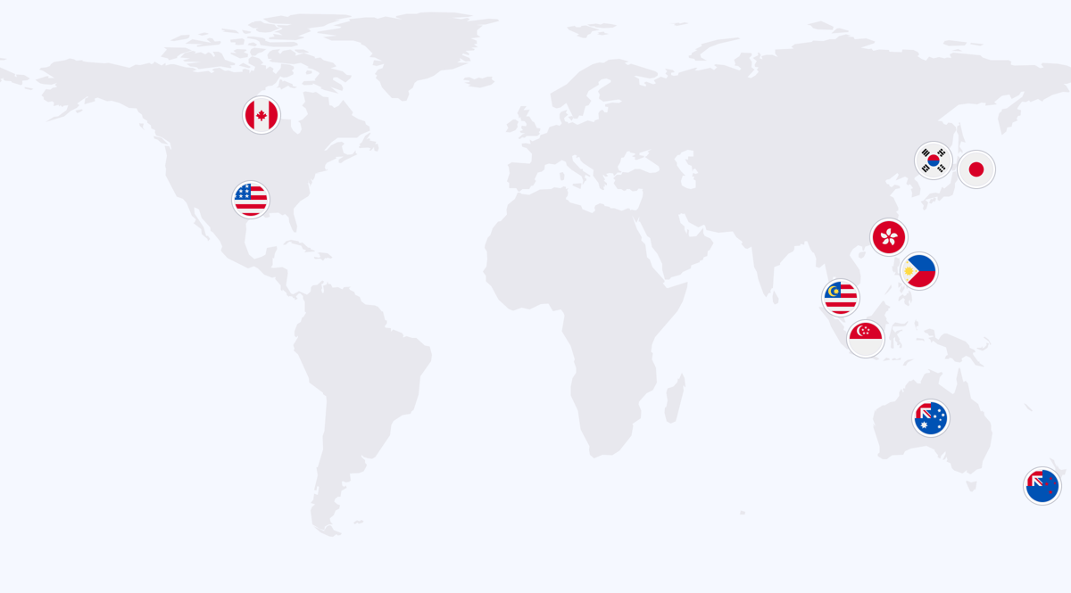 Map of Giftronaut gift card coverage in APAC and North America