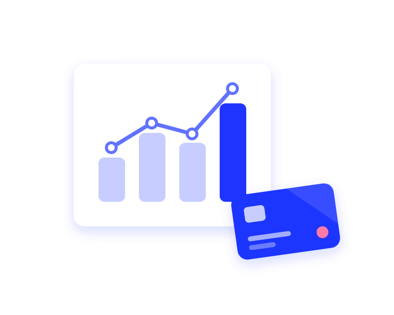 Illustration of a bar chart with a rising line next to a blue gift card