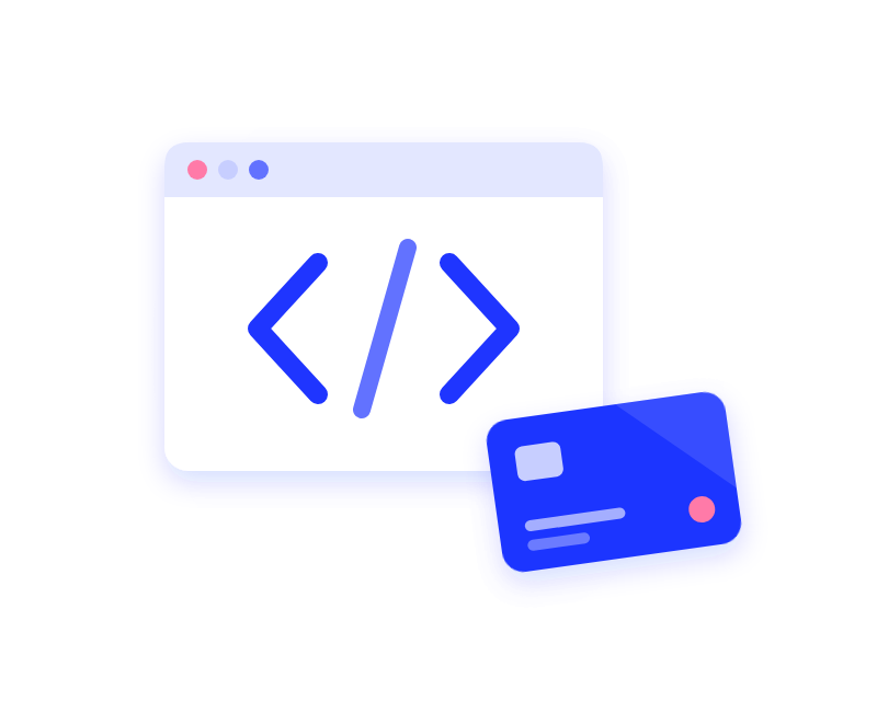 Illustration of a code window with angle brackets next to a blue gift card