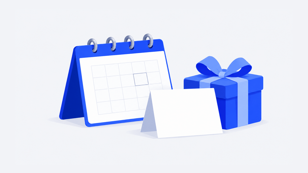 A calendar beside a thank-you note and a blue gift box