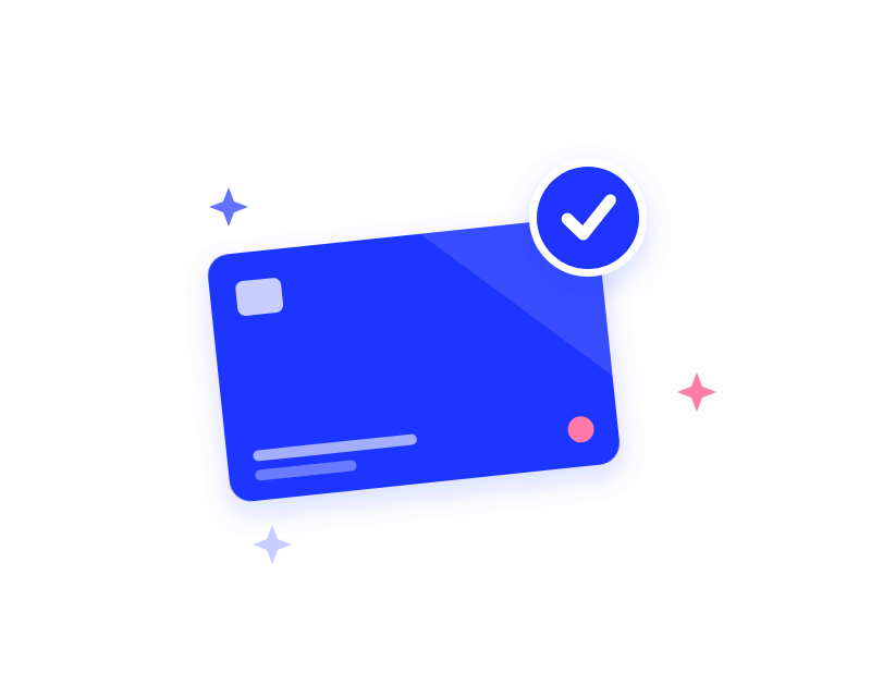 Illustration of a blue gift card with a check mark badge and small sparkles