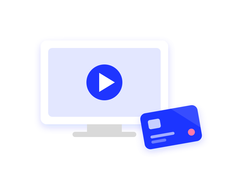 Computer monitor with a play symbol beside a blue reward card