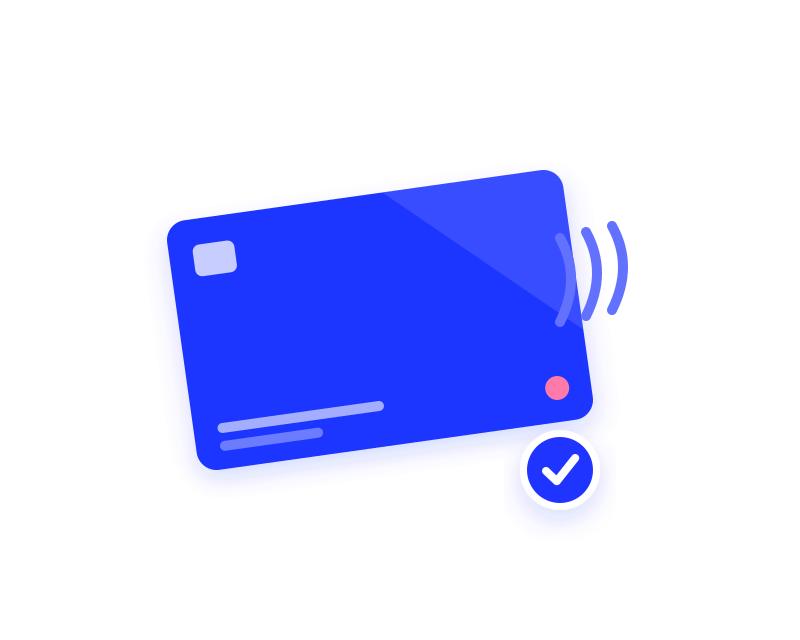 Blue prepaid card with contactless waves and a check-mark badge
