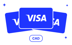 Three blue Visa cards fanned out above a CAD currency label