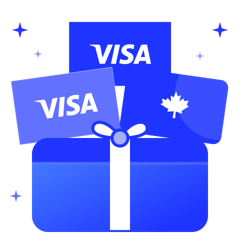 A blue gift box with two Visa cards and a card marked with a maple leaf rising out of it