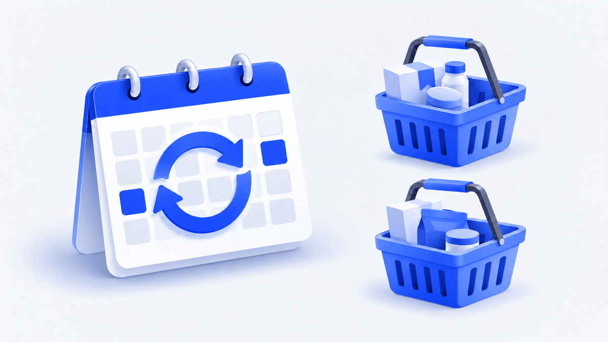 A scheduled billing loop beside two separate shopping orders
