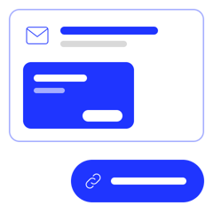 An email with a blue reward card, and a blue button with a link icon