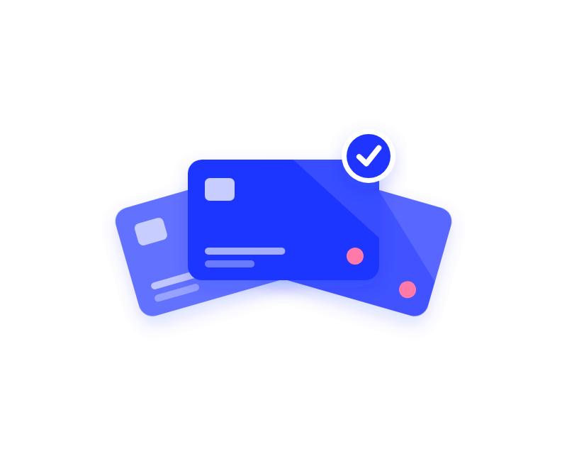 Illustration of three blue gift cards fanned out with a check mark badge