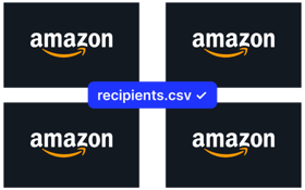 Four Amazon gift cards around a recipients.csv file marked as uploaded