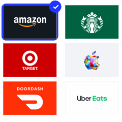 Gift card grid with Amazon selected among Starbucks, Target, Apple, DoorDash, and Uber Eats