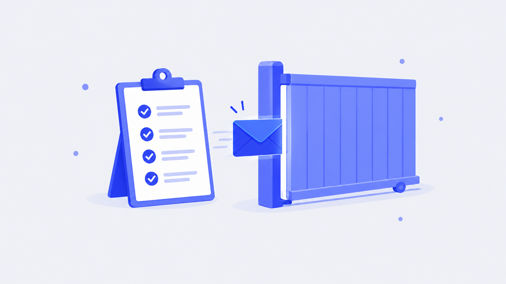 A send-day checklist beside a closing gate, with one envelope passing through the gap