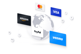 Globe surrounded by Amazon, Visa, Mastercard, PayPal, and Venmo gift cards and currency symbols