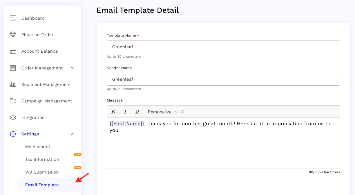 email template - default message