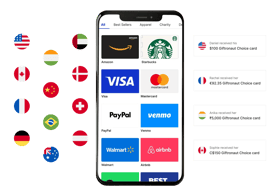 A phone showing a gift card catalog, with country flags on one side and Choice Card received notifications in four currencies on the other