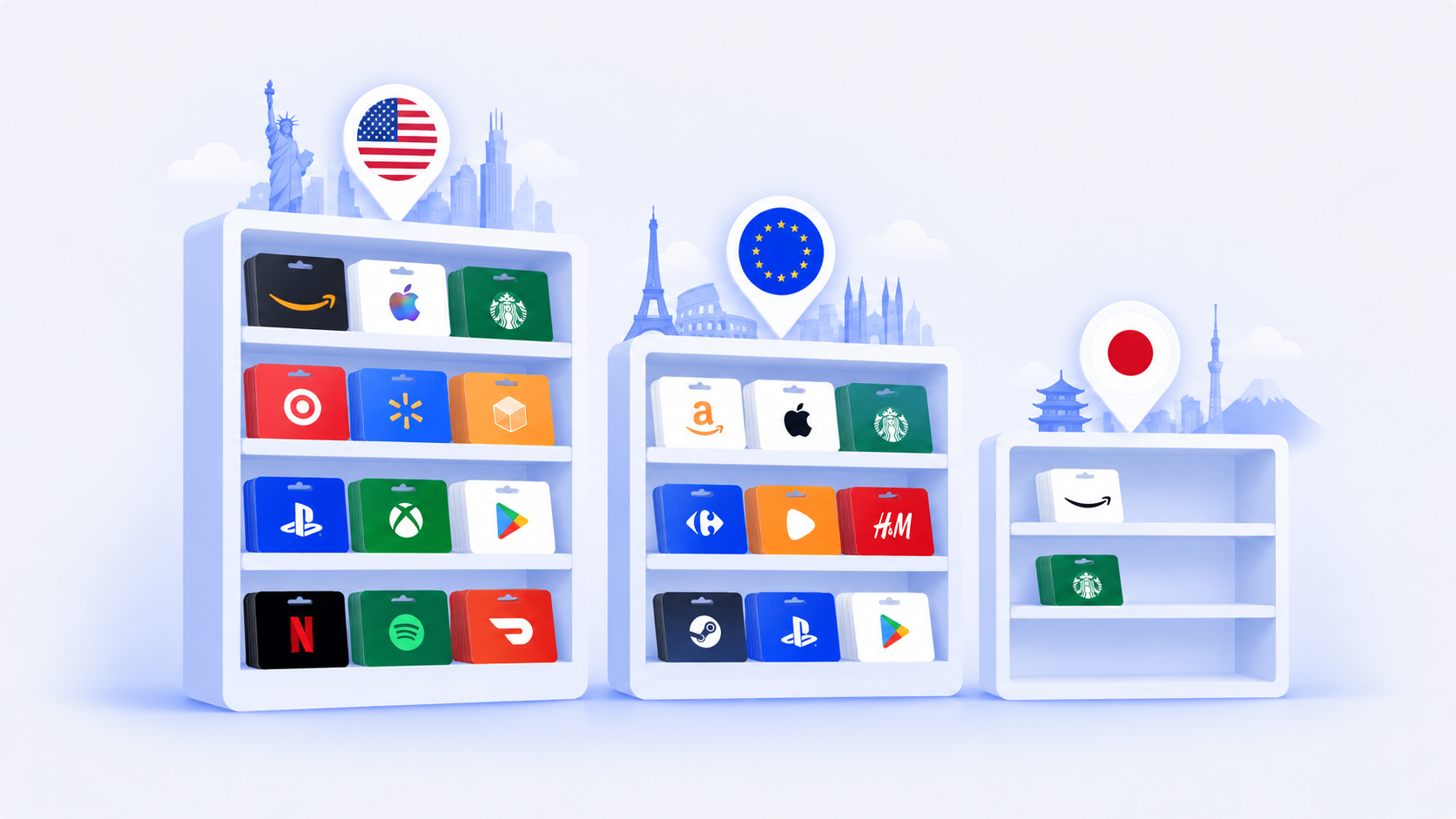 Gift card shelves of different sizes showing how local catalogs vary by country