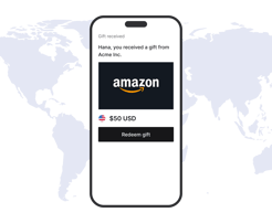 Phone showing an Amazon gift card received for $50 USD with a Redeem gift button, over a world map