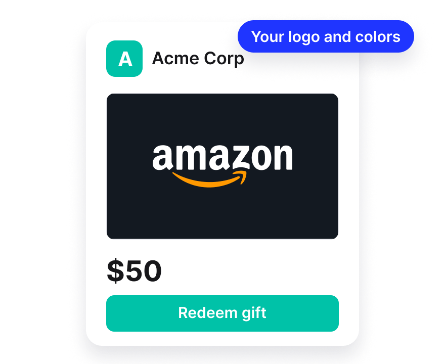 Reward email with a company logo, an Amazon gift card, and a branded Redeem gift button