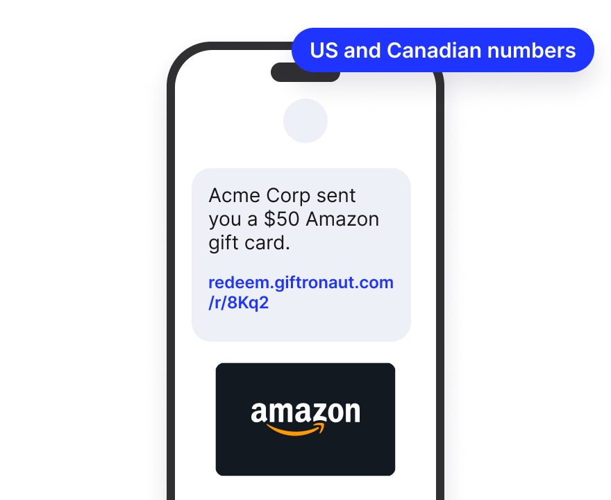 Phone showing a text message with an Amazon gift card and a redeem link