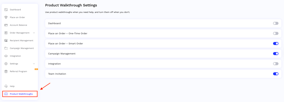 product walkthrough settings