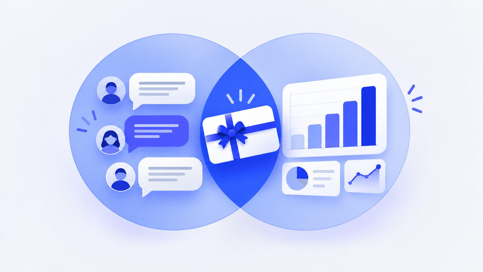 Illustration of two overlapping circles, one with speech bubbles and one with a bar chart, and a reward card in the overlap.