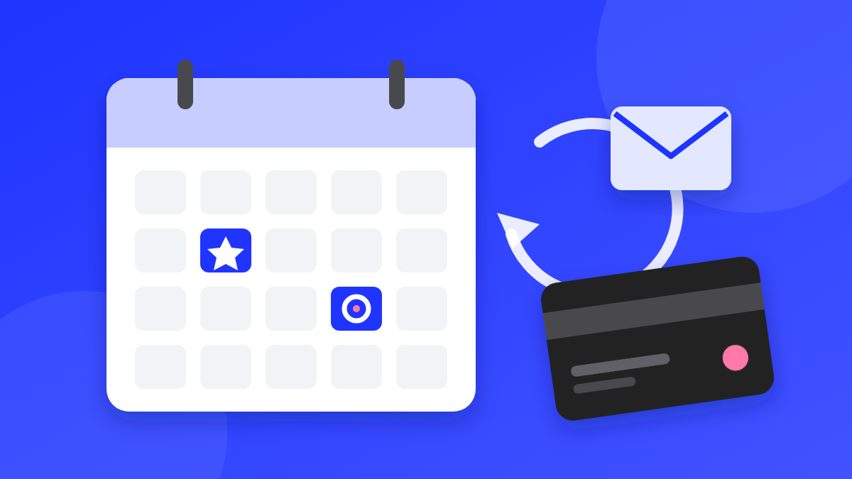 Illustration of a calendar with two highlighted days, a circular arrow, an envelope and a gift card
