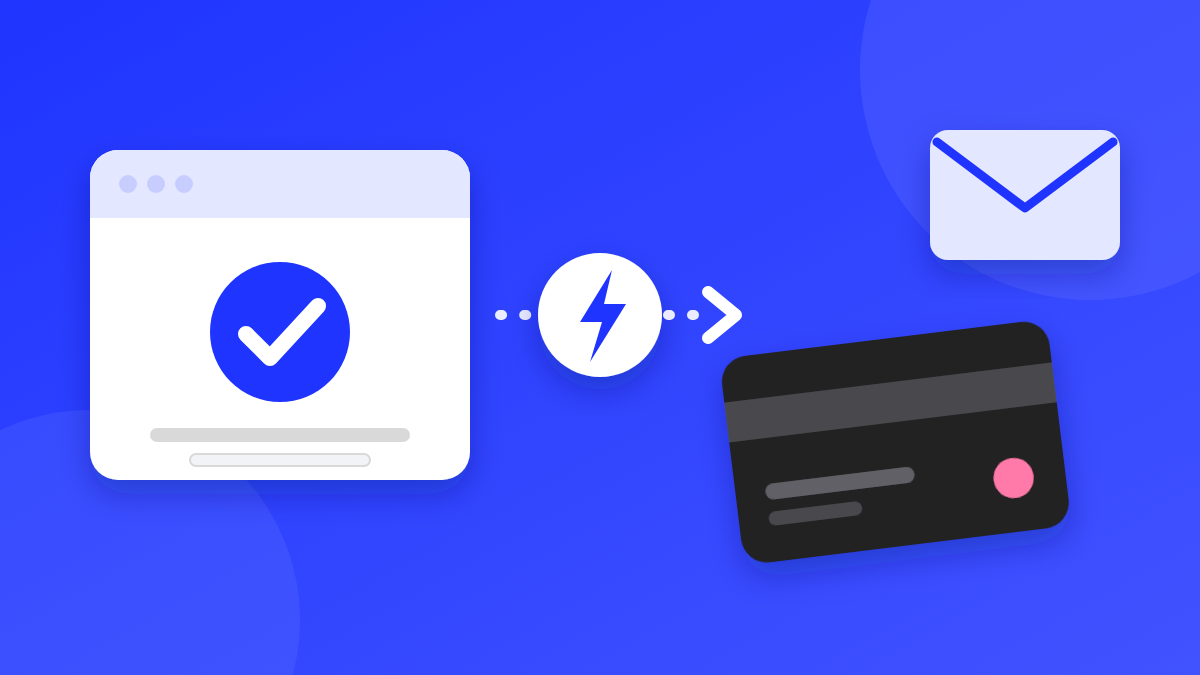 Illustration of an app window with a check mark, a lightning bolt in the middle and an arrow pointing to a gift card and an envelope