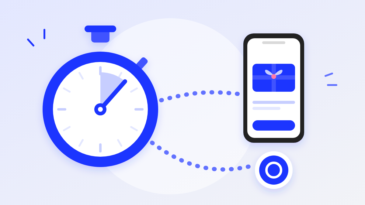 Illustration of a blue stopwatch with dotted paths leading to a phone showing a gift card and to a coin, representing different payout types