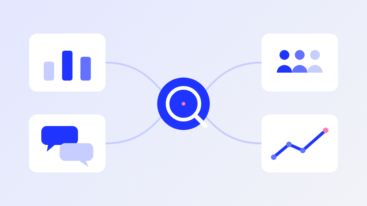Illustration of four research tools, a bar chart, a group of people, speech bubbles and a line graph, all connected to a magnifying glass