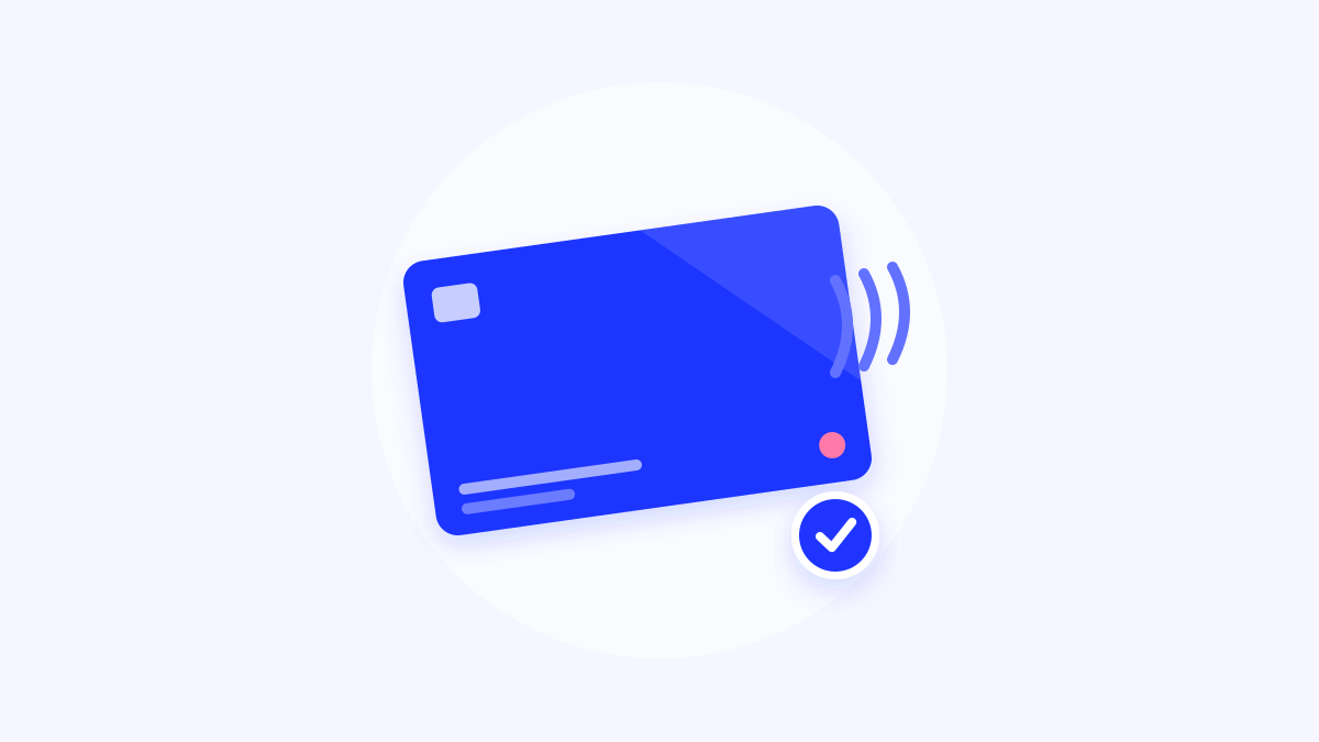 Blue prepaid card with a contactless symbol and check-mark badge