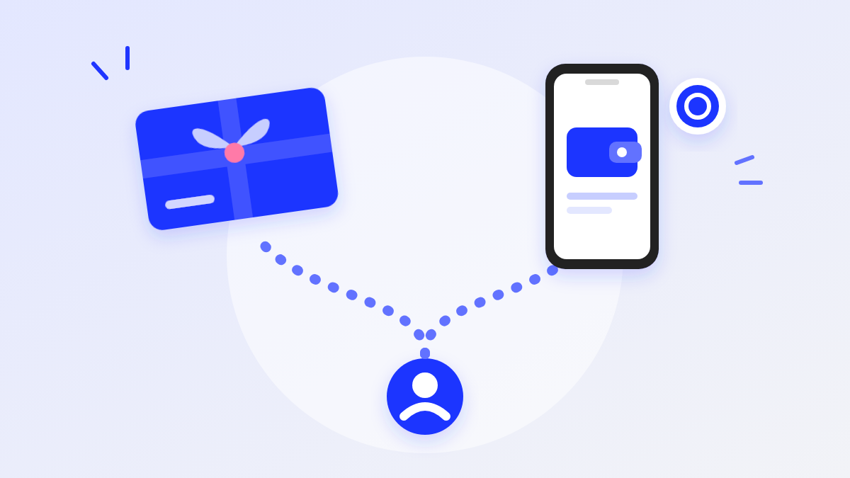 Illustration of an employee icon with two dotted paths leading to a blue gift card and to a phone showing a wallet, representing the choice between gift card and PayPal or Venmo employee rewards