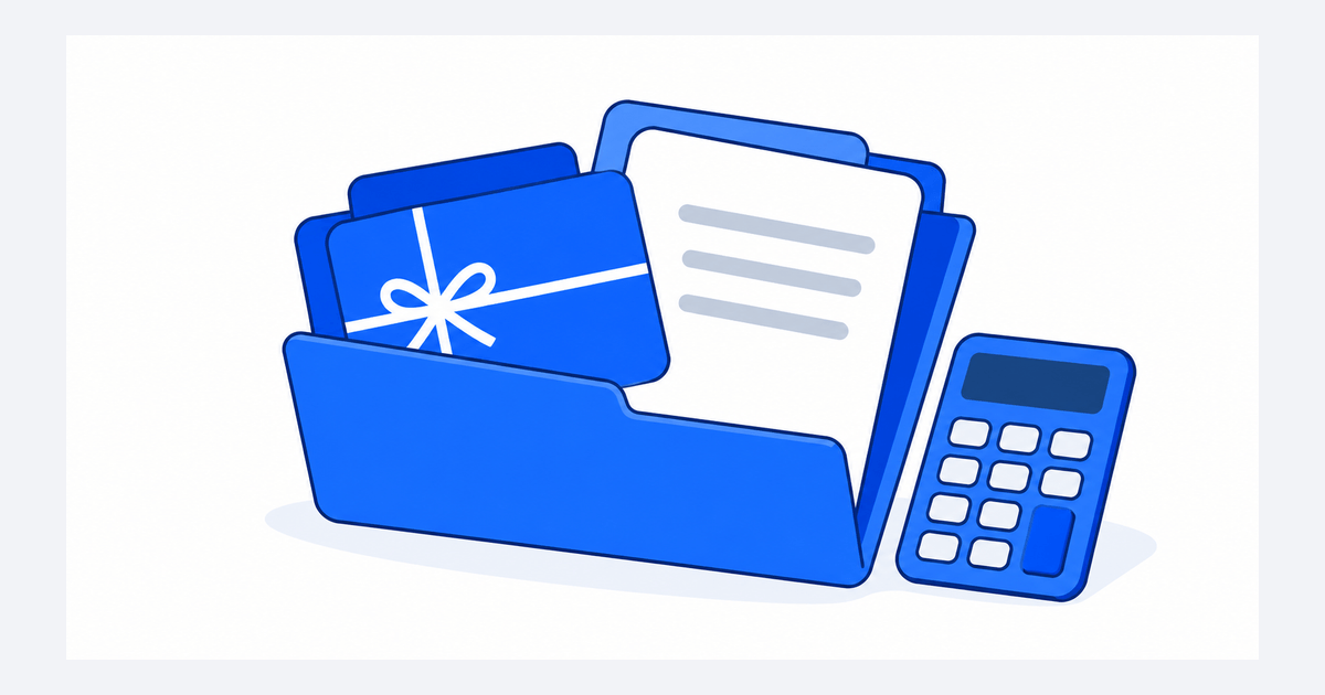 A reward card and generic payroll record in a blue folder beside a blank calculator