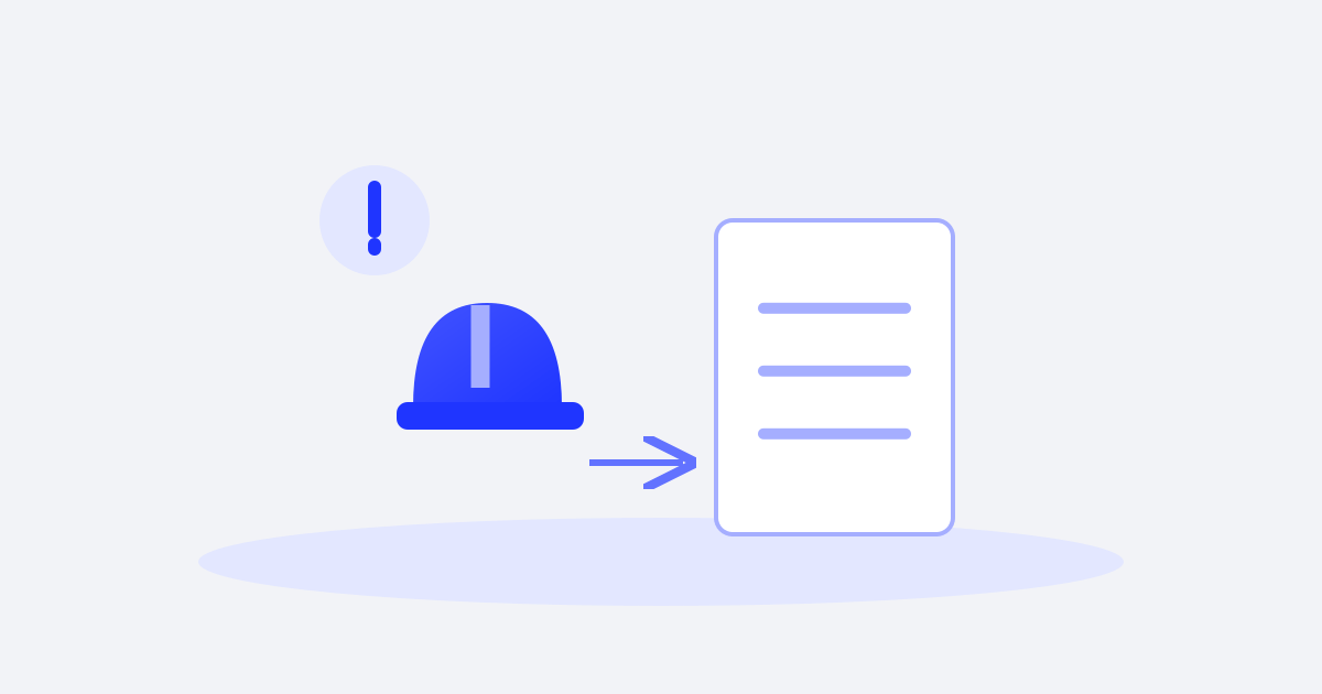 A blue safety helmet and hazard symbol beside a report sheet