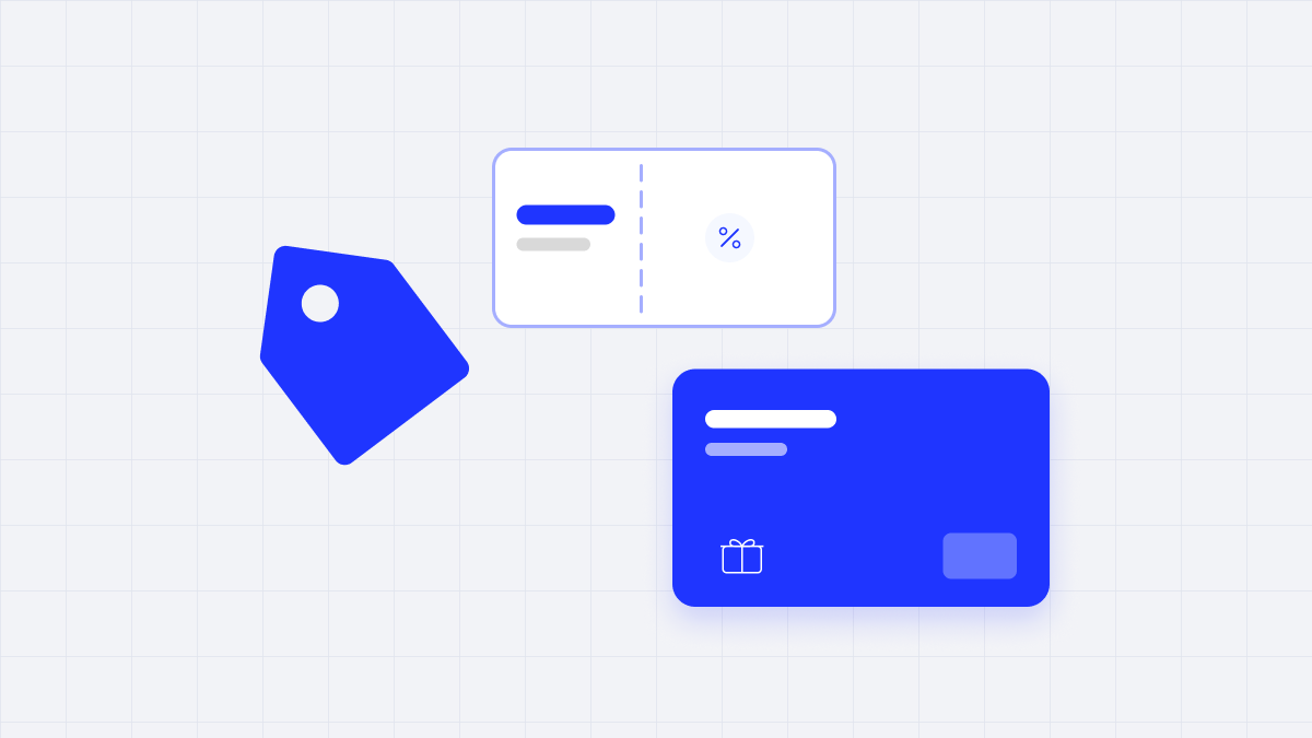 A blue price tag, a coupon with a percent sign, and a blue gift card on a light grid