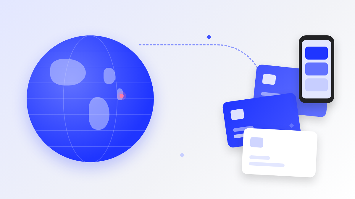 Illustration of a blue globe with a dotted path leading to digital gift cards and a phone, representing gift cards sent to employees in the Philippines