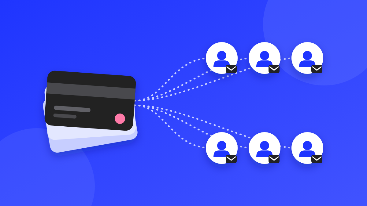 Illustration of one gift card sending envelopes out to a row of team members, representing one bulk order reaching a whole staff