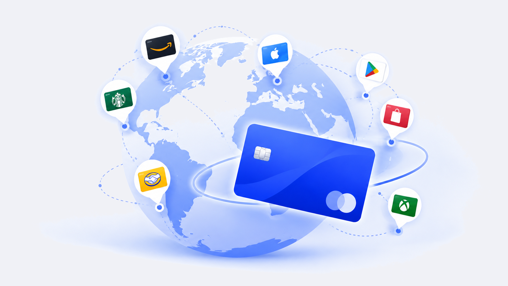 Gift card in front of a globe with brand gift card icons around it