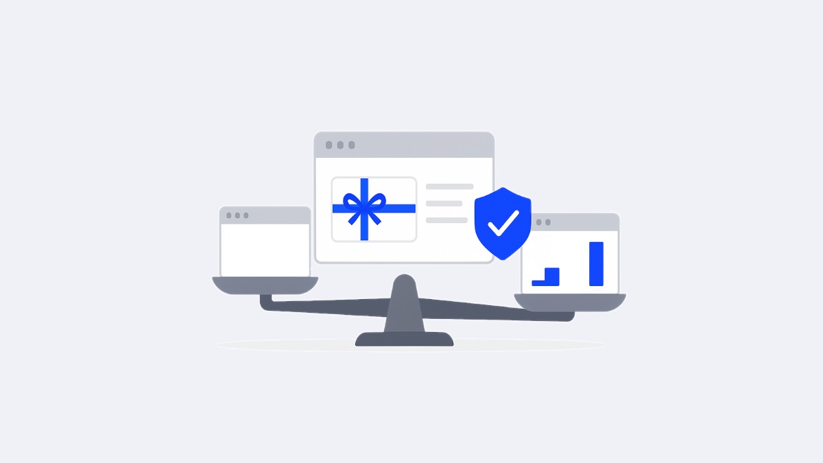 Balance scale weighing gift card platform screens against each other