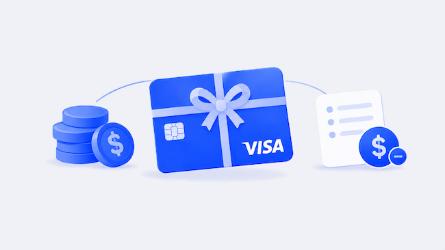 Blue prepaid gift card between stacked coins and an itemized invoice