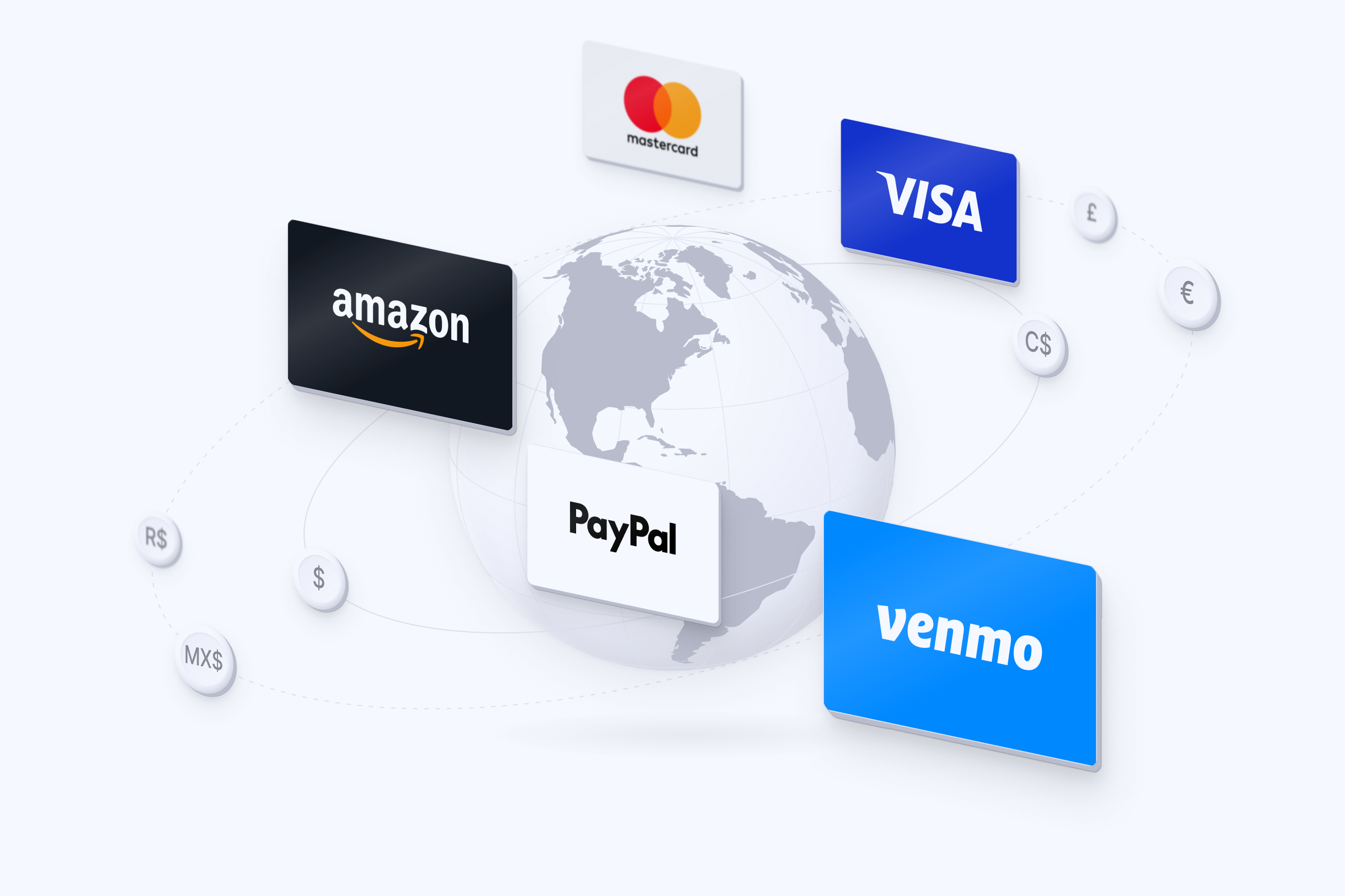 Amazon, Visa, Mastercard, PayPal, and Venmo rewards around a globe with local currencies for survey respondents